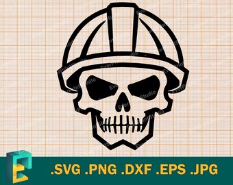 ヘルメットをかぶった頭蓋骨 SVG - Cricut、シルエット | ベクター建設用頭蓋骨 SVG | エンジニアヘルメットの頭蓋骨の印刷可能なカットファイル SVG、Png、Dxf、Eps