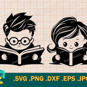 Libreria SVG - Cricut e Silhouette / Baby Boy che legge un libro SVG / Reading Class Vector / Girl Reading / Book Cut File Digital Clip Art