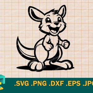 May include: Black and white cartoon illustration of a kangaroo with a big smile. The kangaroo is standing on its hind legs with its tail curled behind it.