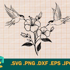 Colibrí Svg - Cricut, Silueta / Vector Colibríes con archivo de corte de flor, Colibrí Aves Svg, Colibrí Svg, Pájaro eps, png, dxf