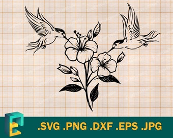 Hummingbird Svg - Cricut, Silhouette | Vector Hummingbirds with Flower Cut File, Hummingbird Birds Svg, Humming Bird Svg, Bird eps, png, dxf