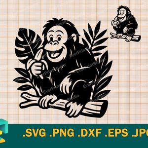 以下が含まれることがあります： ジャングルの中に座ってバナナを食べているサルを描いた白黒のイラスト。サルは葉とツルに囲まれています。