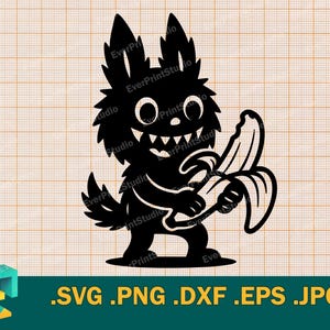 Coelho Monstro Fofo com Banana SVG - Cricut, Silhueta | Modelo de Arquivo de Corte de Banana com Coelho Maligno de Brinquedo Vetorial SVG, Sublimação de Monstro Fofo png