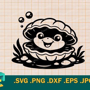 May include: A black and white graphic of a smiling clam with a pearl. The clam is surrounded by seaweed and bubbles. The image includes the file types: .SVG .PNG .DXF .EPS .JPG.