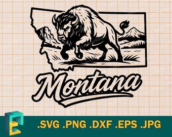 May include: Black and white graphic of a bison inside the outline of Montana, with mountains in the background. The word "Montana" is written in a stylized font below the image. The image is suitable for digital art projects.