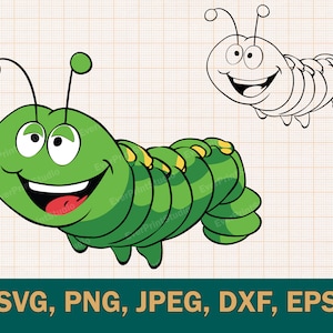 May include: A green cartoon caterpillar with a big smile and yellow stripes. The caterpillar is outlined in black and has large eyes. The image is on a white background with a grid pattern.