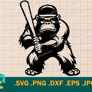 May include: A black and white illustration of a gorilla wearing a baseball cap and holding a baseball bat. The gorilla is facing forward and has a serious expression on its face. The image is set against a grid background.