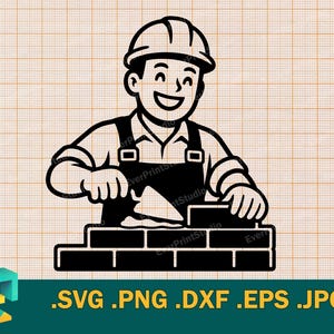 May include: A black and white graphic illustration of a smiling construction worker wearing a hard hat and overalls, using a trowel to lay bricks. The design is presented on a grid background with the text .SVG .PNG .DXF .EPS .JPG at the bottom.