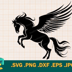 May include: Black silhouette of a winged horse with its wings spread out. The horse is rearing up on its hind legs with its tail flowing behind it.