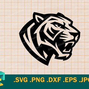 May include: Black tiger head graphic with sharp lines and details. The tiger is facing right, with its mouth slightly open. The image is on a grid background. The file formats .SVG .PNG .DXF .EPS .JPG are listed below the image.