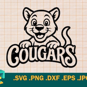 May include: A black and white cartoon cougar with a smiling face and the word "Cougars" in bold letters. The image is a digital design, likely for apparel or team merchandise.