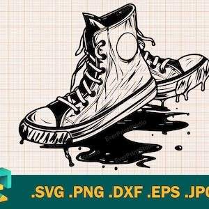 May include: Black and white illustration of a pair of high-top sneakers with laces, dripping with black paint. The sneakers are on a white background.