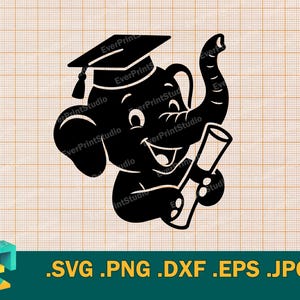 May include: Black silhouette of an elephant wearing a graduation cap and holding a diploma. The elephant is smiling and has a happy expression.