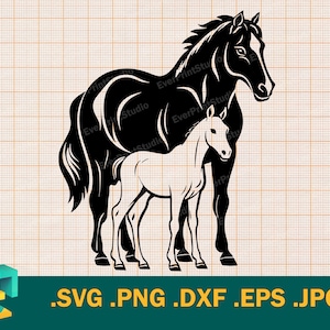 Pferd mit Fohlen SVG - Cricut, Silhouette | Vektor künstlerisches Design Pferd mit Fohlen geschnitten Datei | Druckbares digitales Clip Art Logo herunterladen