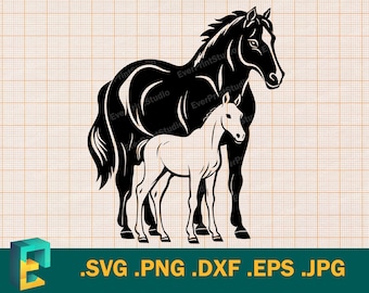 Cheval avec poulain SVG - Cricut, Silhouette | Cheval de conception artistique vectoriel avec fichier de coupe de poulain | Télécharger le logo numérique imprimable Clip Art