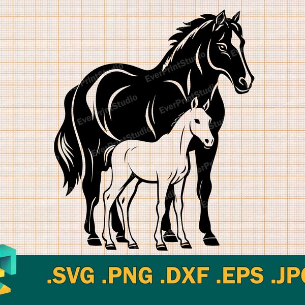 Horse with Foal SVG - Cricut, Silhouette | Vector Artistic Design Horse with Foal Cut File | Download Printable Digital Clip Art Logo