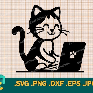 May include: Black cat sitting on a laptop computer with a paw print on the screen. The cat is looking at the screen and has a happy expression on its face.