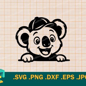 May include: Black and white line art illustration of a koala wearing a baseball cap. The koala is smiling and has a large, round nose. The koala is looking to the right.