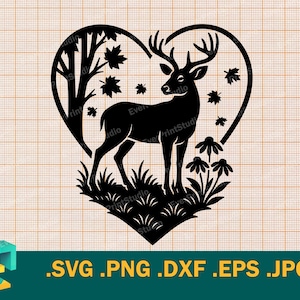 May include: Black and white silhouette of a deer standing in a heart-shaped frame with leaves and flowers. The deer is facing left and has antlers. The heart is filled with a pattern of leaves and flowers.