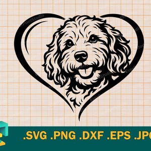 Puede incluir: Ilustración en blanco y negro de la cara de un perro dentro de un corazón. El perro tiene pelo rizado y una expresión feliz. La imagen incluye el texto ".SVG .PNG .DXF .EPS .JPG".