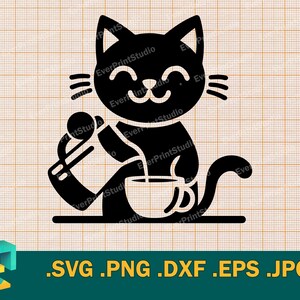 May include: Black and white illustration of a cat holding a coffee mug. The cat is smiling and has a cute expression. The mug is filled with a beverage.