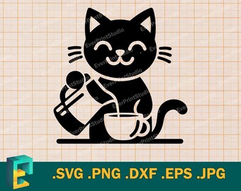 Cat SVG - Cricut, Silhouette | Vector Cute Funny Cat with Cat Cut file | Download Printable Coffee Cat Shop Logo Cutting svg, png, eps, dxf