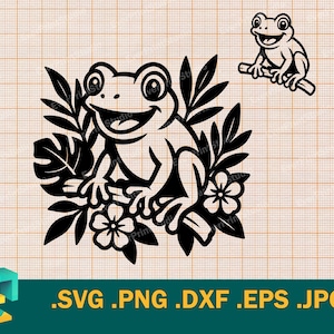 Grenouille heureuse SVG - Cricut, Silhouette | Vector Tree Frange mignon coupe fichier SVG | Téléchargez le modèle mignon de grenouille de la jungle pour découper des svg, png, eps, dxf