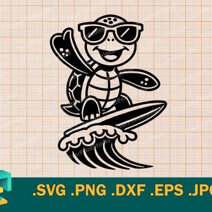 May include: A black and white illustration of a turtle wearing sunglasses and riding a surfboard on a wave. The turtle is smiling and has a happy expression.