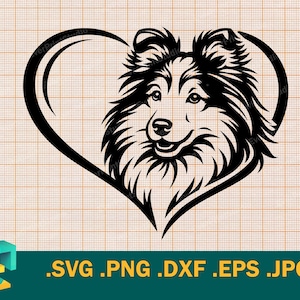 May include: Black and white graphic of a dog's head inside a heart shape. The dog has detailed fur and a smiling expression. Below the image are the file type extensions: .SVG .PNG .DXF .EPS .JPG.