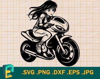 Cute Biker Girl SVG - Cricut, Silhouette | Girl on Sport Bike | Biker Clipart | Biker Cut File | Girl Rider Motorbike Cutfile, svg, png, eps