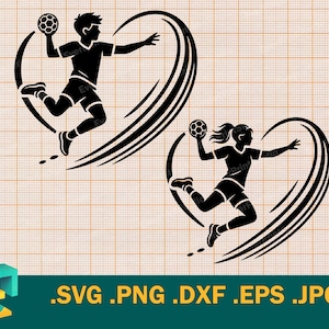 May include: Black and white graphic of a handball player throwing a ball, set within a heart-shaped design. The image includes a male and female player, with the text '.SVG .PNG .DXF .EPS .JPG' at the bottom.