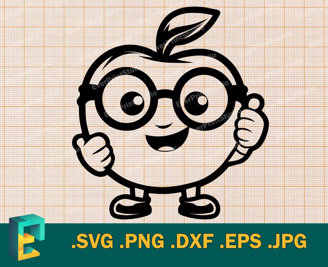 Apple SVG Cricut, Silhouette Vector Cute Happy Apple With Glasses Cut