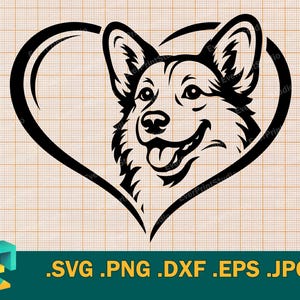 May include: A black and white graphic of a Corgi dog's face inside a heart shape. The dog is smiling with its tongue out. The image includes the file types: .SVG .PNG .DXF .EPS .JPG.