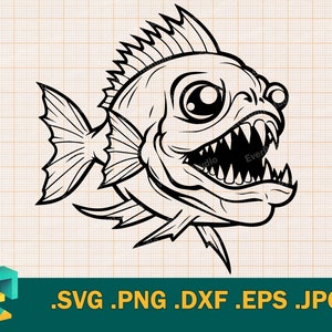 Op de afbeelding: Zwart-wit illustratie van een piranha met scherpe tanden en een agressieve uitdrukking. De vis heeft gedetailleerde vinnen en een stekelige rugvin. De afbeelding is een vectorafbeelding.