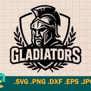 May include: Black and white graphic of a gladiator helmet within a shield shape, with the word "GLADIATORS" in bold letters. Laurel leaves frame the design. Below, file type options are listed.