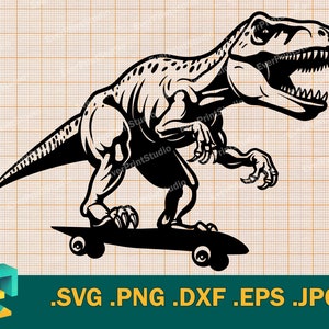Dino on Skateboard SVG - Cricut, Silhouette | Vector T-Rex Dinosaur Skateboarding SVG | Dinosaur on Skateboard Cut File svg, png, eps, dxf