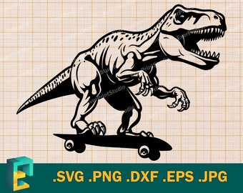 Dino on Skateboard SVG - Cricut, Silhouette | Vector T-Rex Dinosaur Skateboarding SVG | Dinosaur on Skateboard Cut File svg, png, eps, dxf