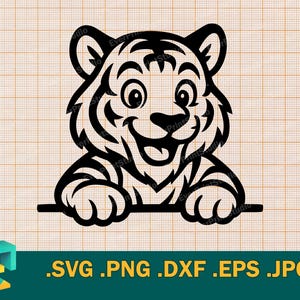 May include: Black and white cartoon tiger illustration. The tiger has a smiling face and is holding onto a horizontal line. The image includes the file types: .SVG .PNG .DXF .EPS .JPG.