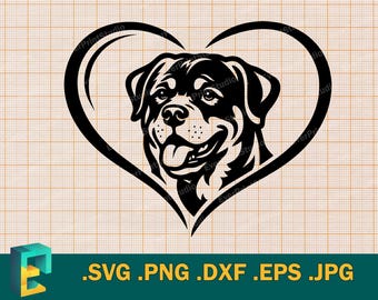 Rottweiler SVG -  Cricut, Silhouette | Rottweiler Dog Vector Cut File, Rottweiler in Heart Line Art Download Cutting svg, png, eps, dxf