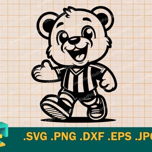 May include: Black and white illustration of a cartoon bear wearing a striped soccer jersey. The bear is smiling and walking with its arms outstretched.