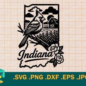 May include: Black and white graphic of Indiana state with a cardinal perched on a branch. The design includes a barn, corn stalks, clouds, and the word "Indiana" in script. Floral accents are at the bottom.
