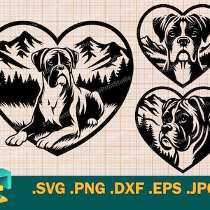 Boxer Hund Herz SVG - Cricut, Silhouette | Vektor niedlicher Boxer svg Schnittdatei | Glücklicher Boxer Welpe Hunderasse SVG Schneidedatei, Png, Eps, Dxf