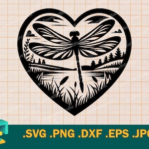 May include: Black dragonfly design within a heart shape, featuring a detailed landscape with trees, water, and reeds. The image includes the text ".SVG .PNG .DXF .EPS .JPG" at the bottom, suggesting digital file formats.