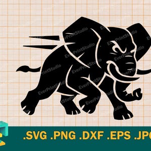 May include: Black silhouette of an elephant charging forward with its trunk raised. The elephant is in a running pose with its legs outstretched. The image is a vector graphic and can be used for a variety of purposes, such as a logo, a sticker, or a design element.