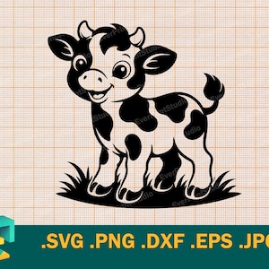 May include: A black and white cartoon cow illustration with a smiling face, spots, and grass at the bottom. The cow has large eyes and is standing on its four legs. The image includes file type options: .SVG .PNG .DXF .EPS .JPG.