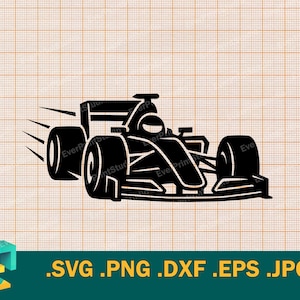 Könnte beinhalten: Schwarze Silhouette eines Formel-1-Rennwagens mit großen Reifen und einem Fahrercockpit. Das Auto wird in Bewegung mit Geschwindigkeitslinien dargestellt. Das Bild enthält die Dateitypen: .SVG .PNG .DXF .EPS .JPG.