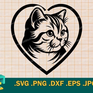 May include: Black and white silhouette of a cat's head inside a heart shape. The cat has a sweet expression and is looking to the right. The image is suitable for use as a digital download for crafting projects.
