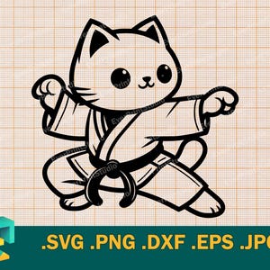 May include: Black and white line art illustration of a cat wearing a karate gi and doing a karate pose. The cat has a cute expression on its face.