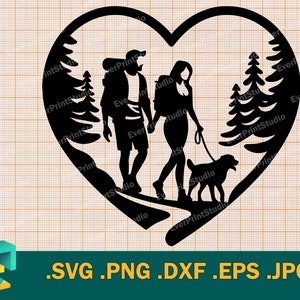 Wandernde Familie mit Hund SVG - Cricut und Silhouette | Wandern Frau und Mann Silhouette Clipart, Wandern Paar geschnitten Datei svg, png, eps, dxf