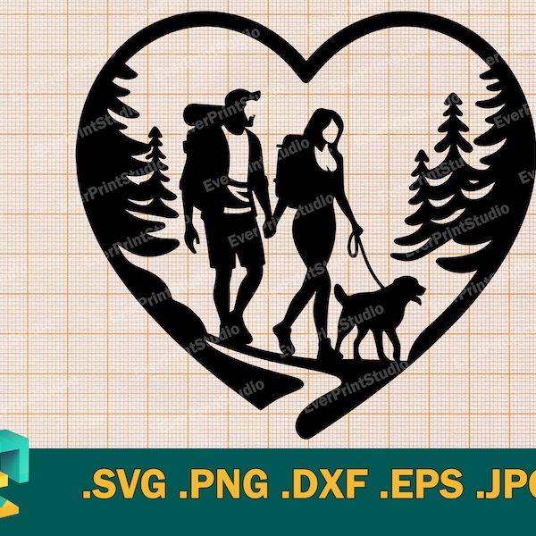 Hiking Family with Dog SVG - Cricut and Silhouette | Hiking Woman and Man Silhouette Clipart, Hiking Couple Cut File svg, png, eps, dxf